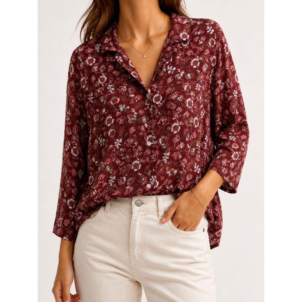 Lands' End Fall Floral Button Front Shirt L Burgundy Cotton Modal Cottagecore